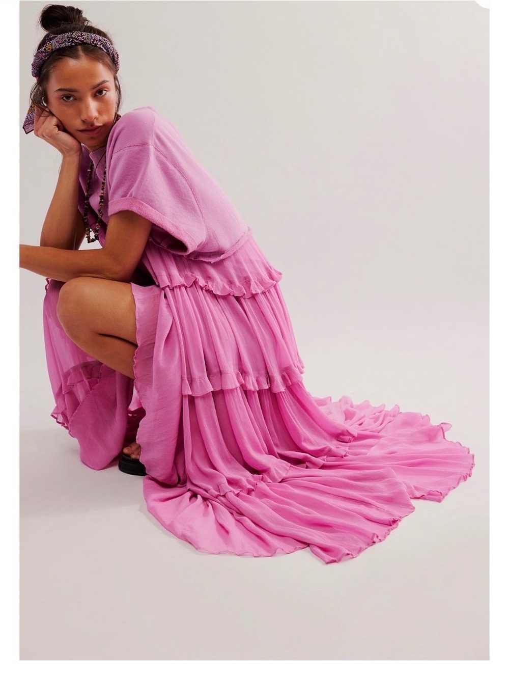 Free People Pink Tiered Stacy Maxi Dress with Ruffle Train
